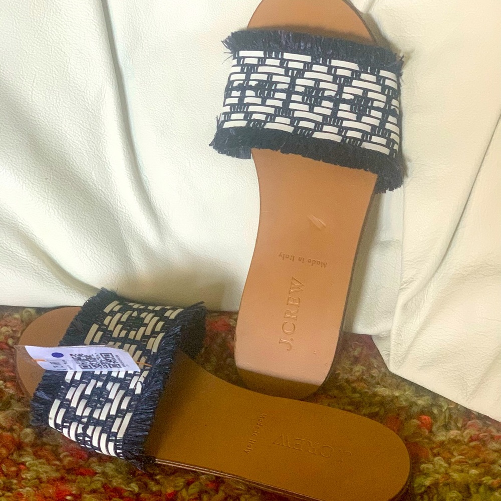 J. Crew Navy & White Raffia and Wood Slides